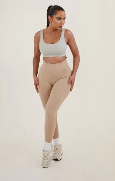 Beige High Waisted Wide Band Activewear Leggings - Yanis