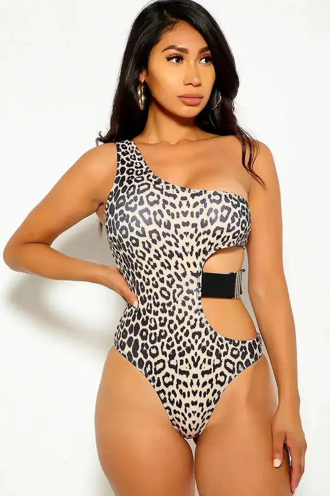 Beige Leopard Print Cut Out Monokini