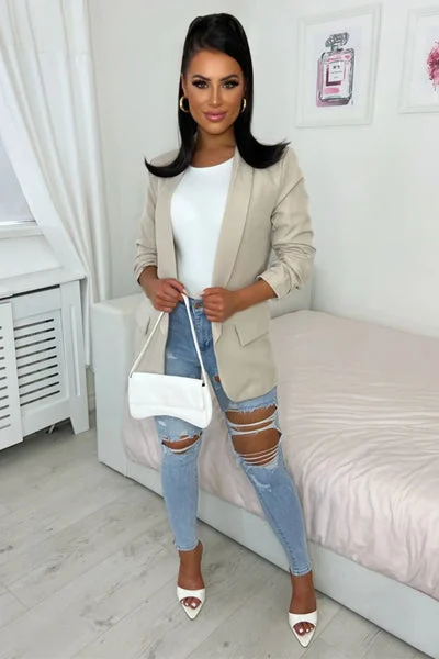 Beige Long Sleeve Pocket Blazer - Tenely
