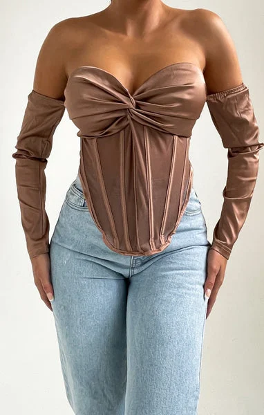 Beige Off The Shoulder Long Sleeve Cup Detail Corset Top - Diana