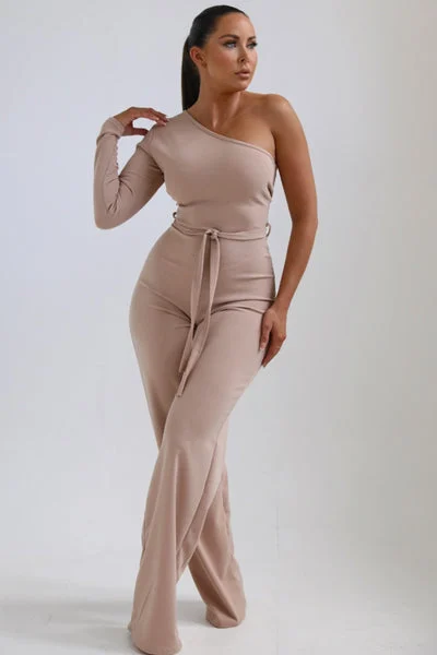 Beige One Shoulder Belted Wide Leg Jumpsuit - Evelyn