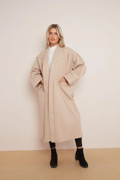 Beige Oversized Longline Open Front Coat-Fyona