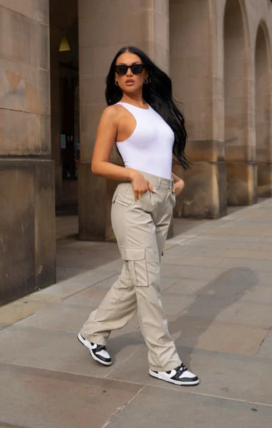 Beige Oversized Straight Leg Cargo Trousers - Isie