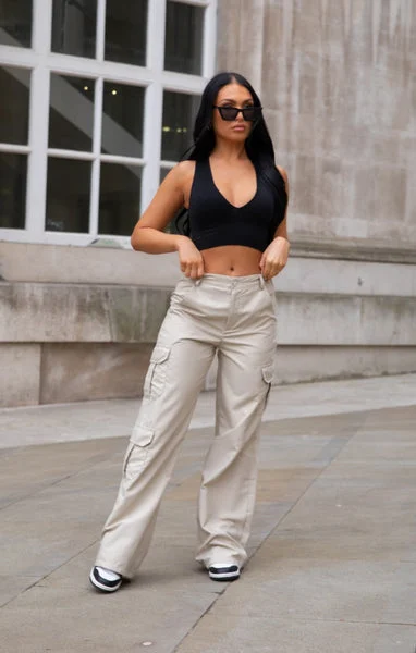 Beige Oversized Straight Leg Two Side Pockets Cargo Trousers - Ella