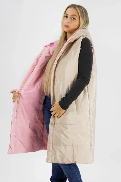 Beige And Pink Reversible Longline Hooded Gilet - Millie