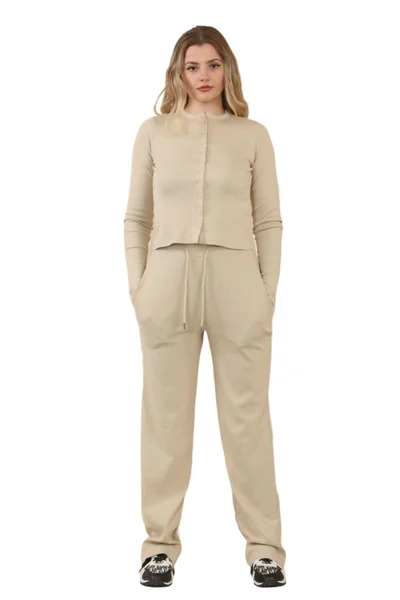 Beige Rib Button Detail Top With Wide Leg Trouser Loungewear Set - Marsha