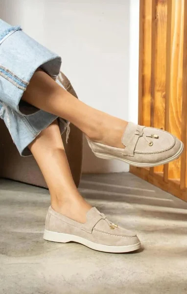 Beige Suede Summer Designer Loafers Shoes - Desta