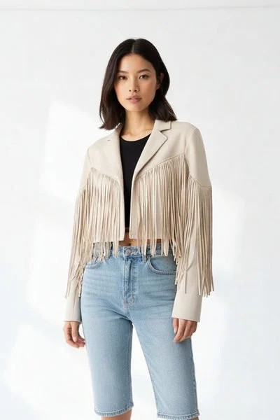Beige Suede Tassel Detail Cropped Jacket – Layon