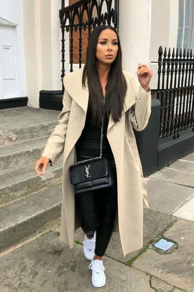 Beige Waterfall Duster Belted Long Coat - Pola