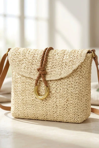 Beige Woven Ring Detail Crossbody Bag - Braided