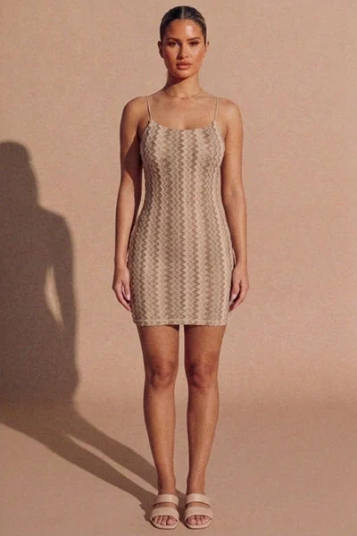 Beige Zig Zag Strappy Bodycon Mini Dress- Teesan