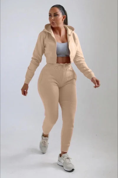 Beige Zip Up Crop Hoodie & Joggers Loungewear Set - Nell