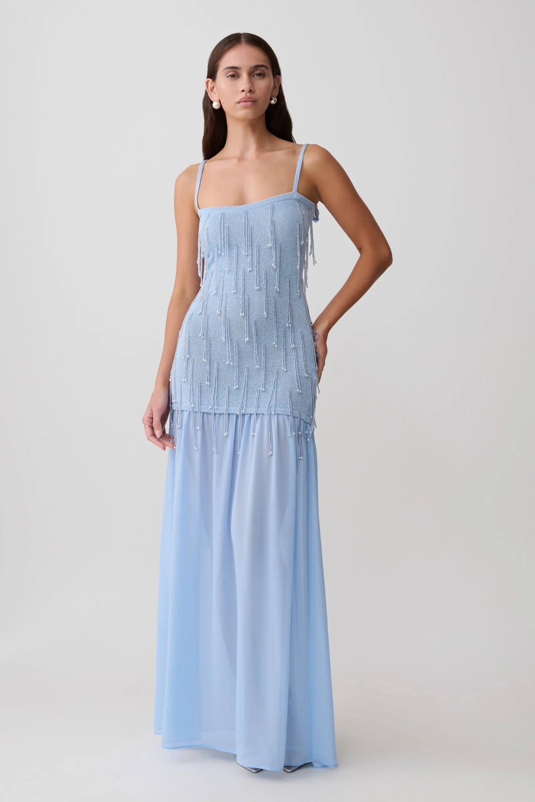 BelindaBeaded Knit & Chiffon Maxi Dress - Light Blue