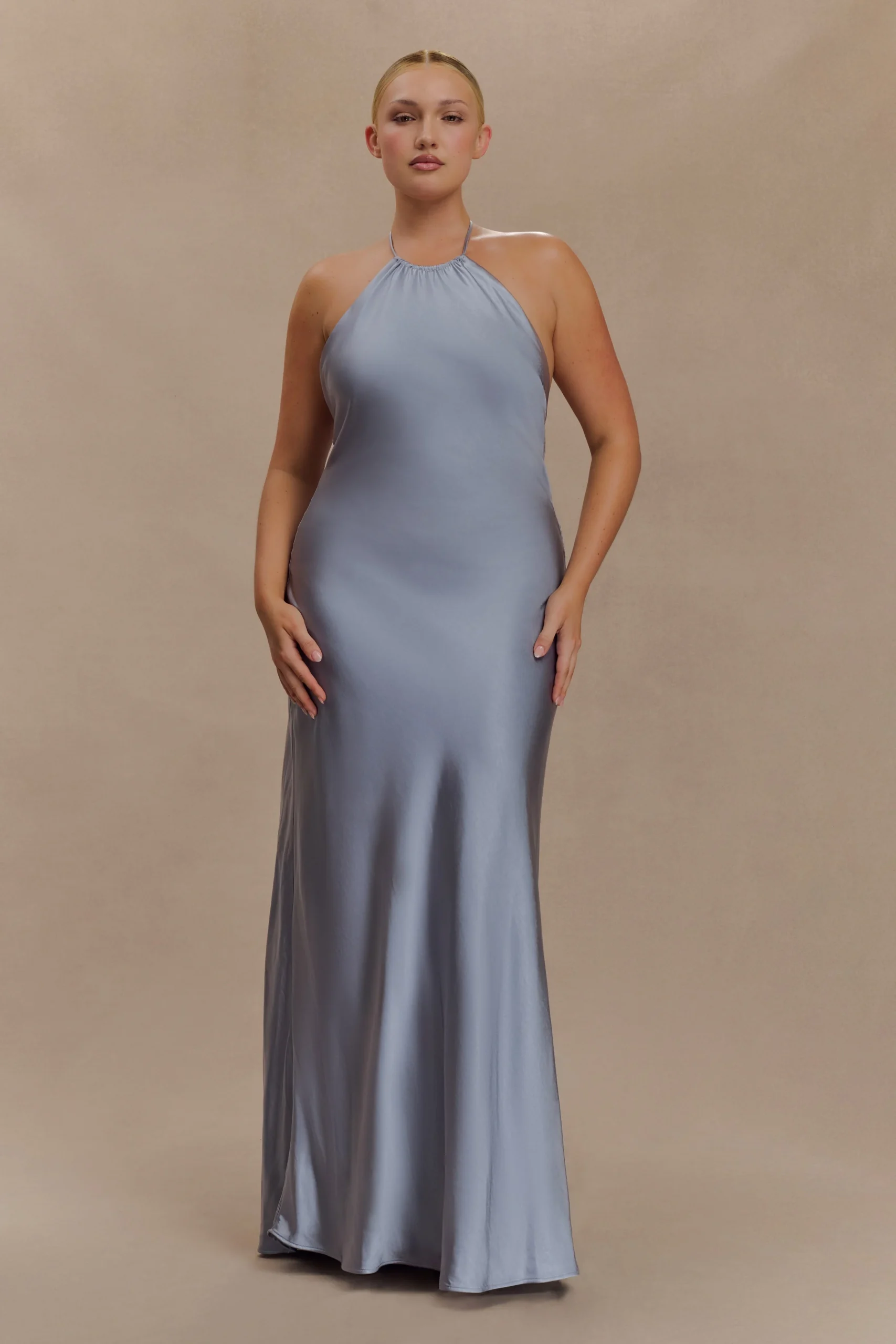 BellaSatin Halter Maxi Dress - Frosted Blue
