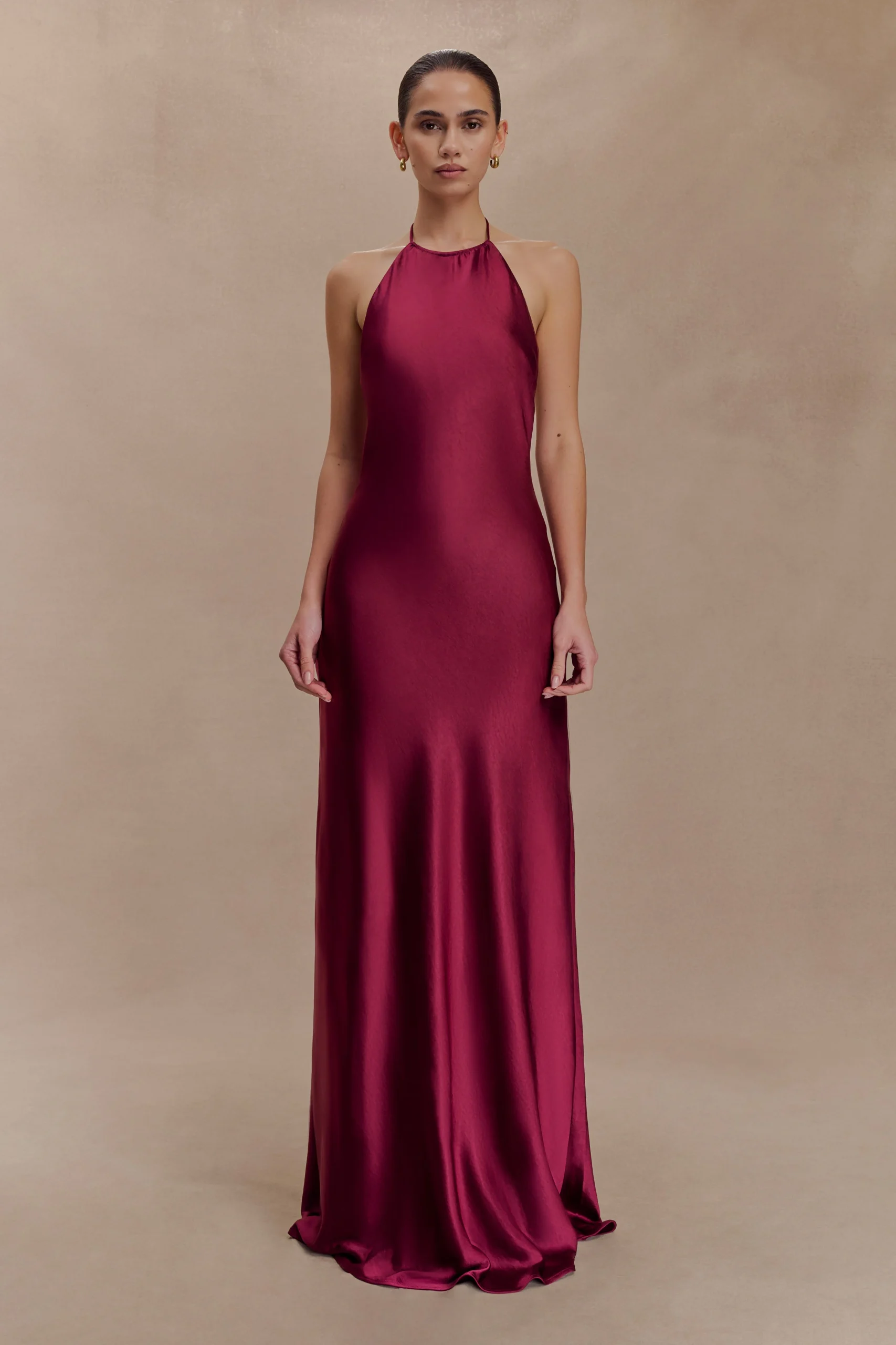 BellaSatin Halter Maxi Dress - Mahogany