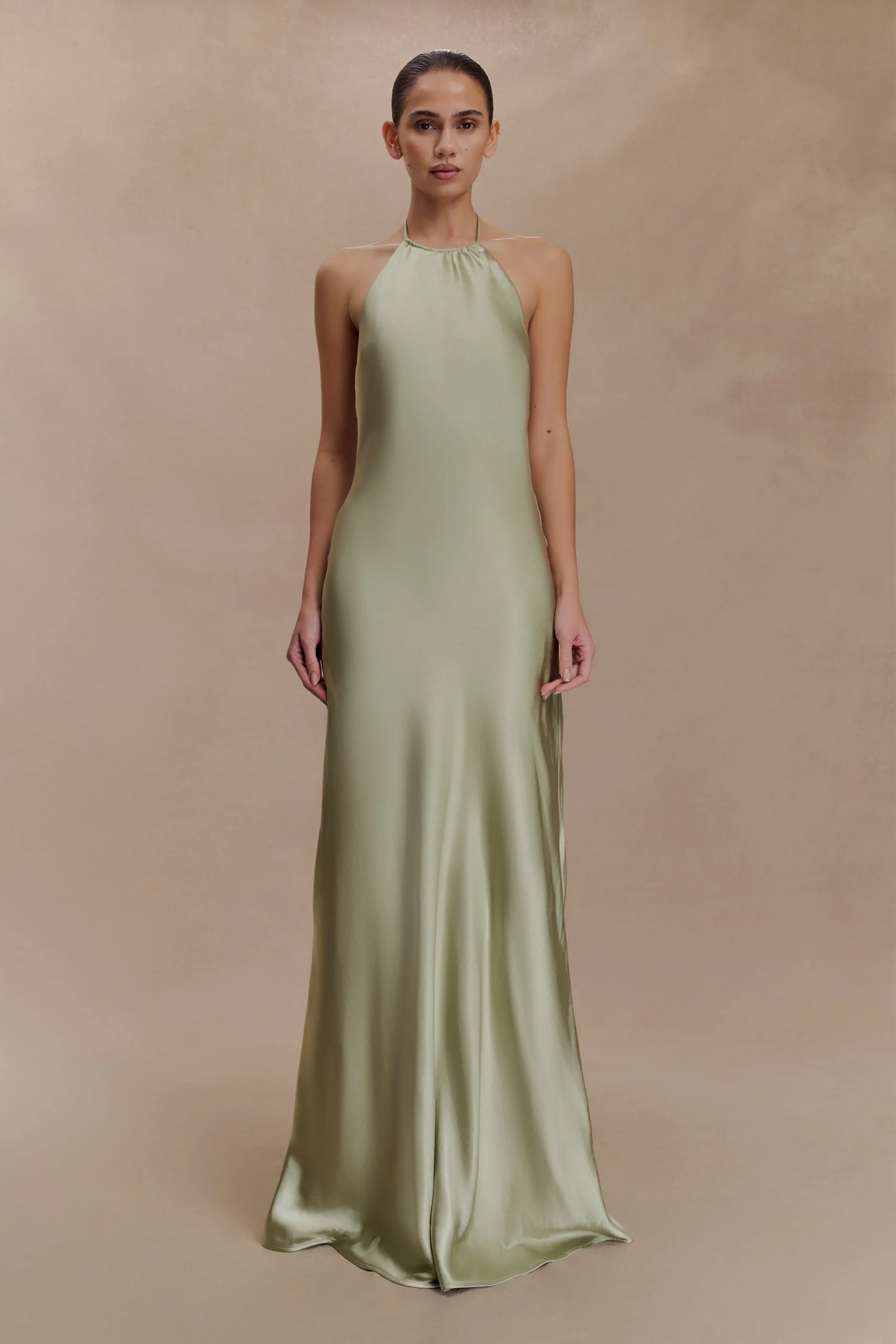BellaSatin Halter Maxi Dress - Sage