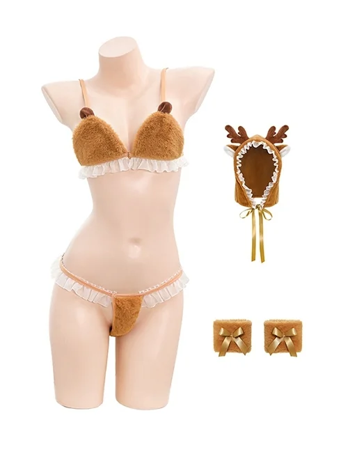 Beloved Mount Little Elk Costume Pleated Lace Light Brown Cute Plush Three-Point Exposed Buttocks Sexy Lingerie Set