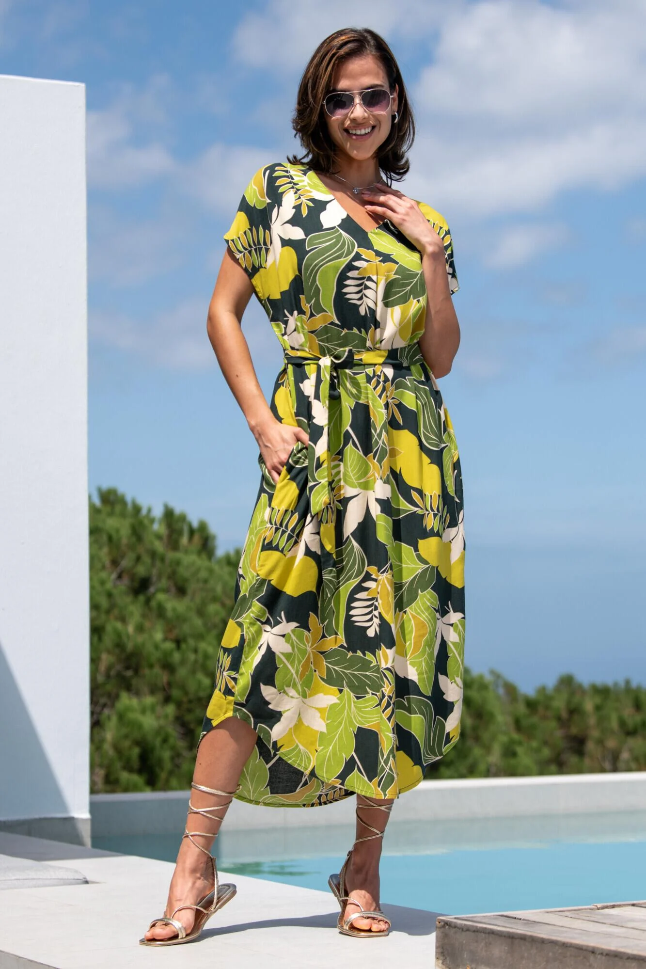 Belted Beach Kaftan Dress - Green Tropical