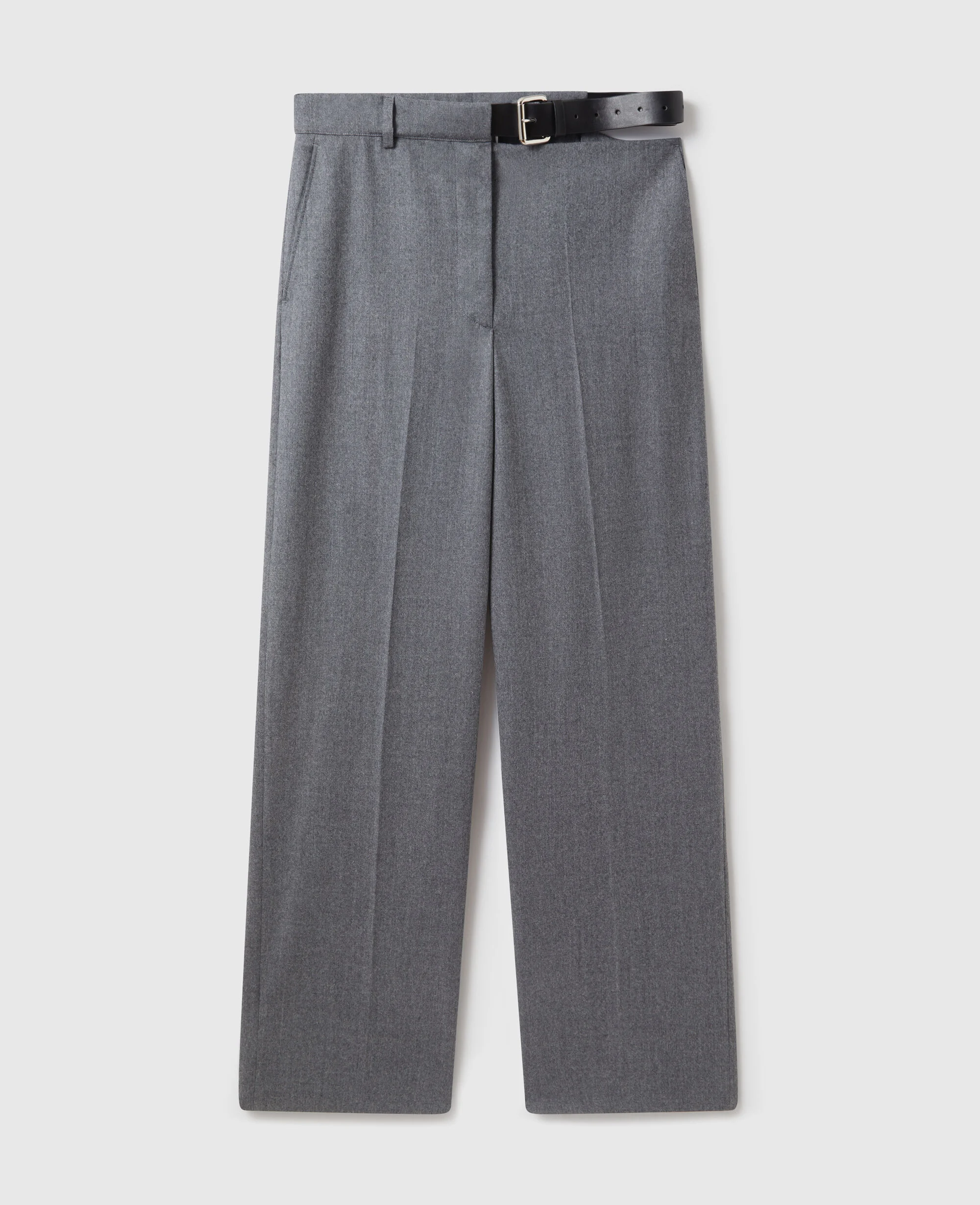 Belted Flannel Straight-Leg Trousers