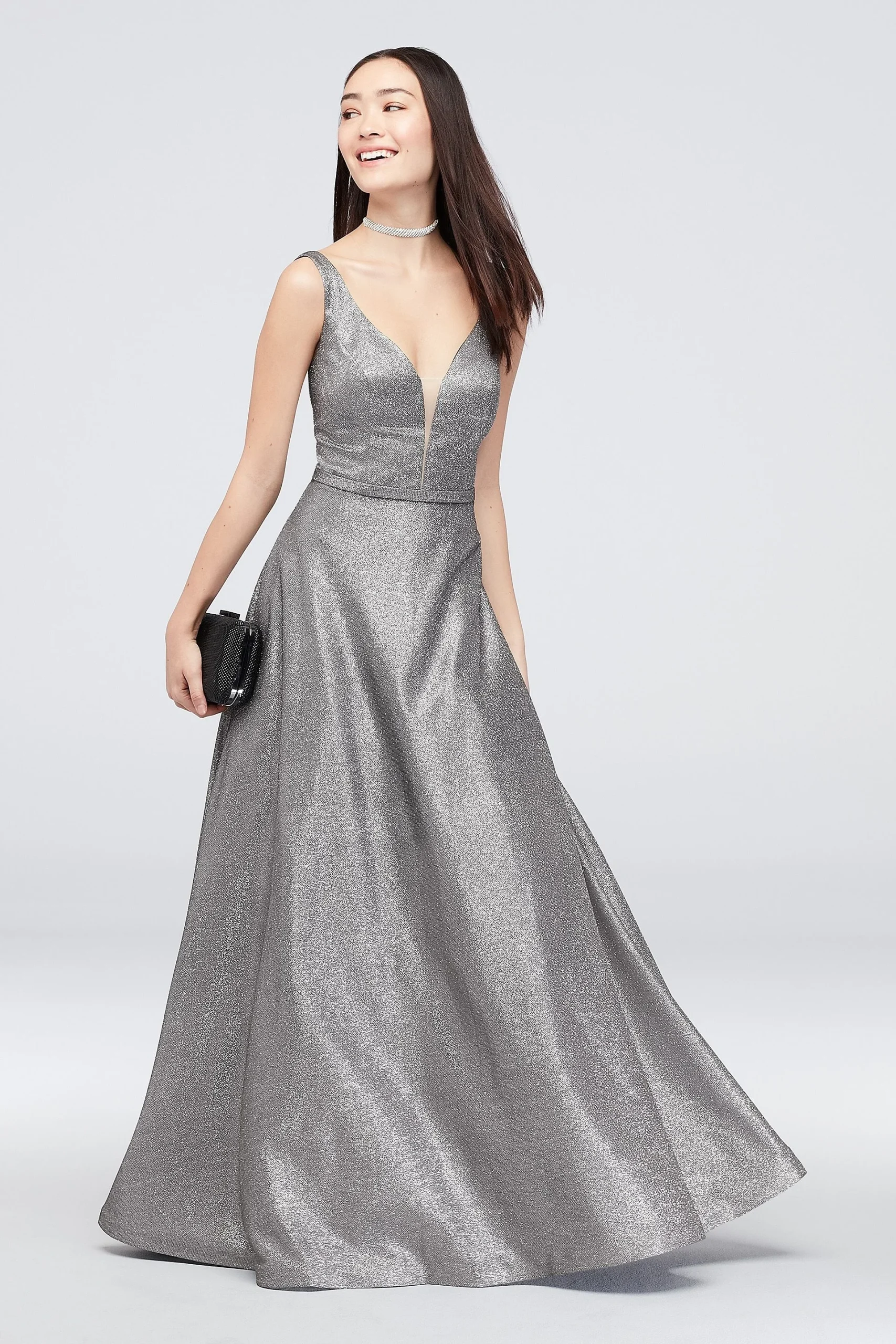 Belted Metallic Ball Gown with Pockets