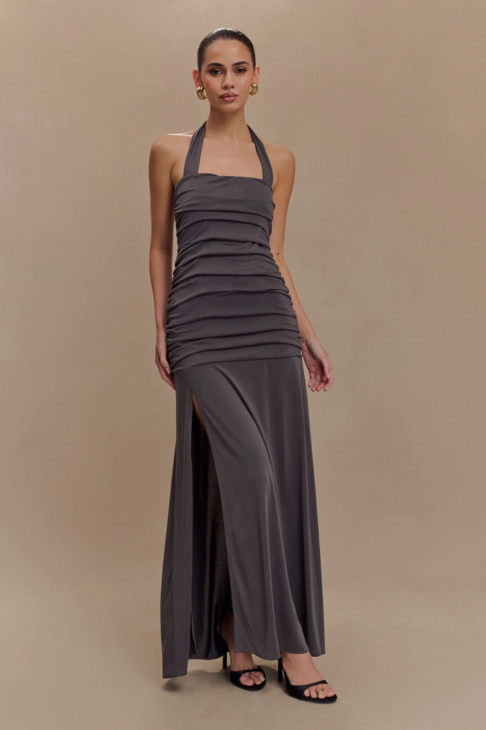 BentleyFINAL SALEPeached Jersey Halter Maxi Dress - Charcoal