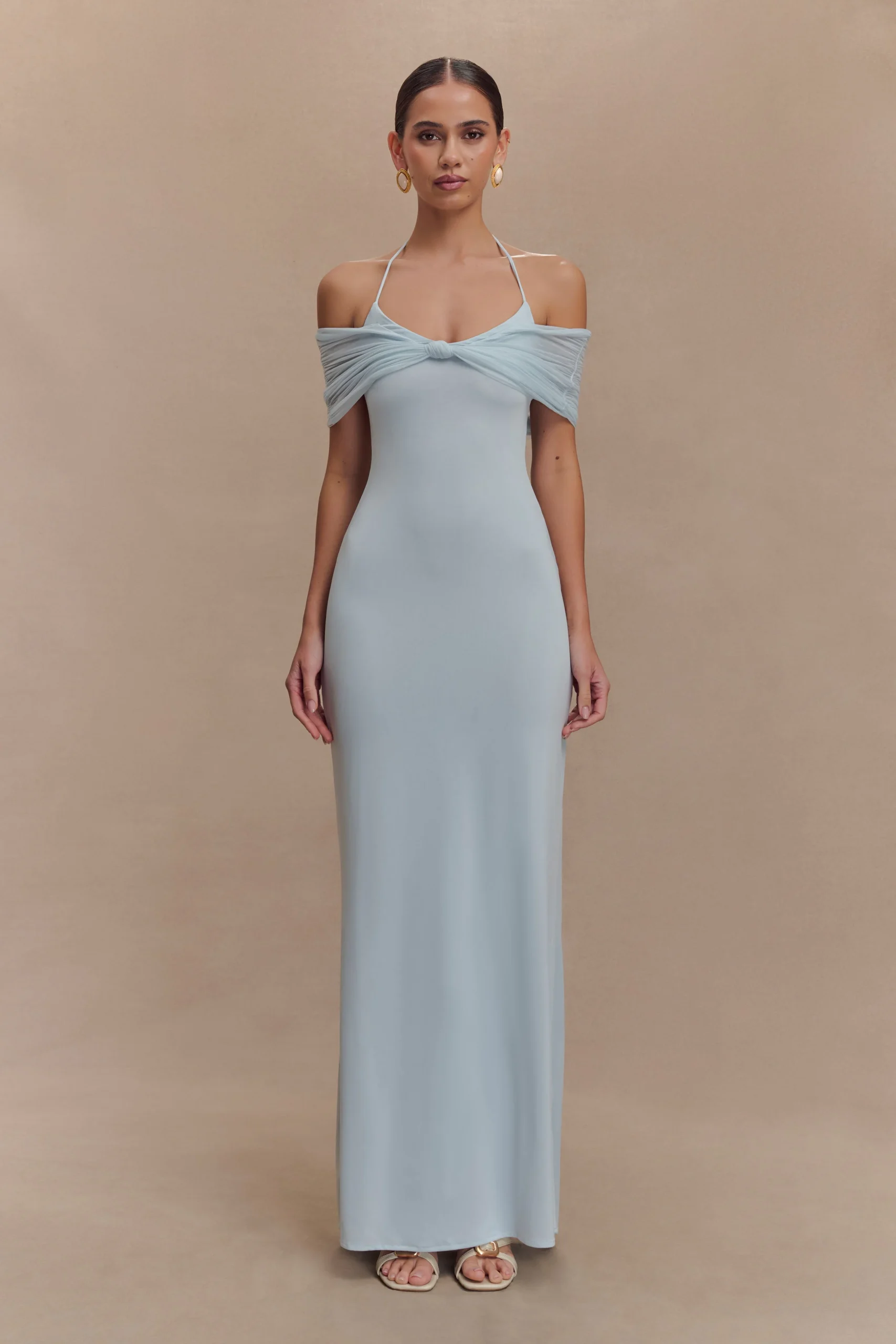 BernadinaMesh And Slinky Halter Maxi Dress - Pale Blue
