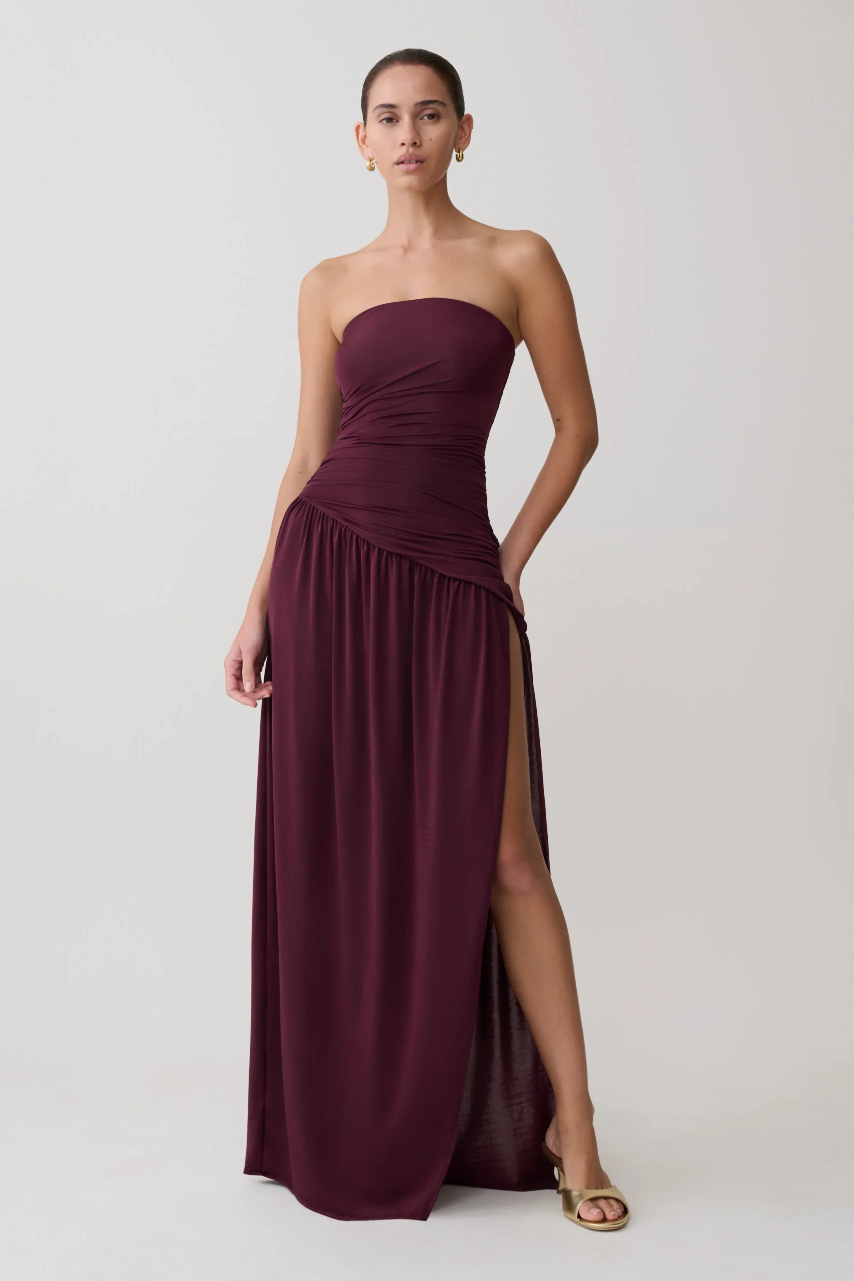 BexStrapless Slinky Maxi Dress With Split - Burgundy
