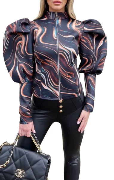 Black Abstract Swirl Puff Sleeve Zip High Collar Jacket- Cora