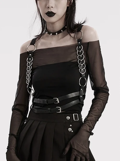 Black Adjustable Artificial Leather Sides Decorated With Multiple Metal Rings Punk Style Halloween Harness