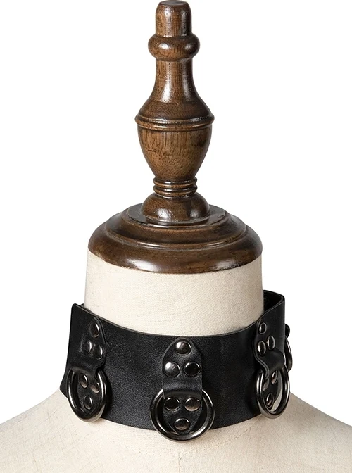 Black Adjustable PU Leather Metal Circle Punk Style Non-Mainstream Necklace