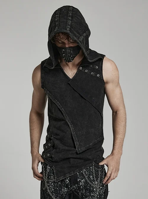 Black Asymmetrical Stretch Front Asymmetrical Punk Hooded Tank Vest