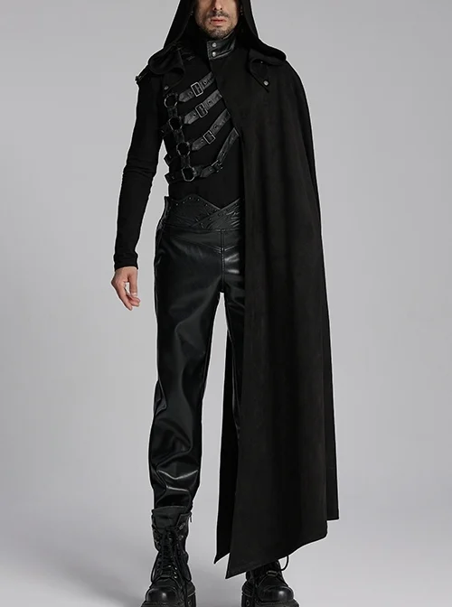 Black Asymmetrical Suede Stitching And Laminated Surface Detachable Hood Design Punk Style Cape