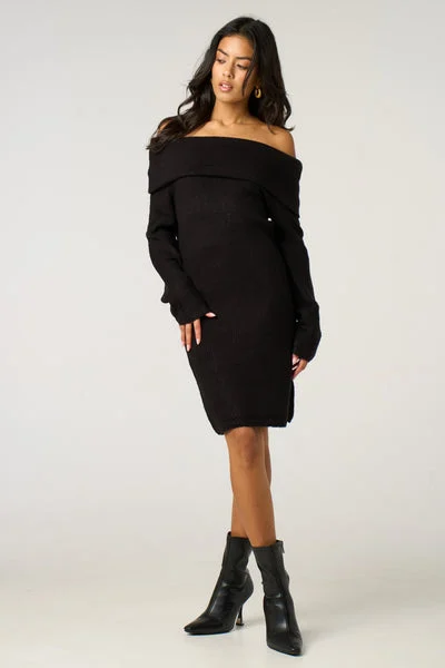 Black Bardot Neckline Ribbed Knit Mini Dress - Yalina