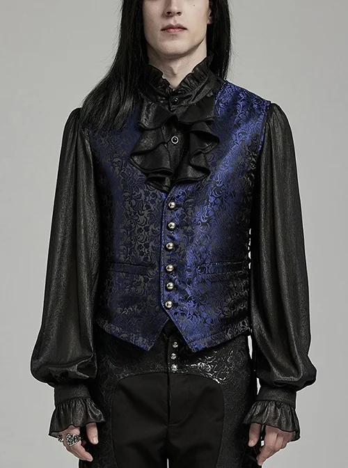 Black And Blue Non Stretch Jacquard Woven Waist Side Eyelet String Gothic Style Slim Fit Color Block Vest