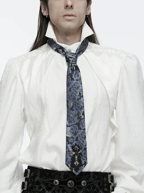 Black And Blue Retro Imitation Silk Exquisite Pattern With Three Dimensional Bat Cross Applique Gothic Style Men's Tie