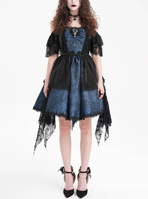 Black And Blue Skull Pattern With Lace Metal Cross Embellished Gothic Style Suspender Short Sleeve Dress