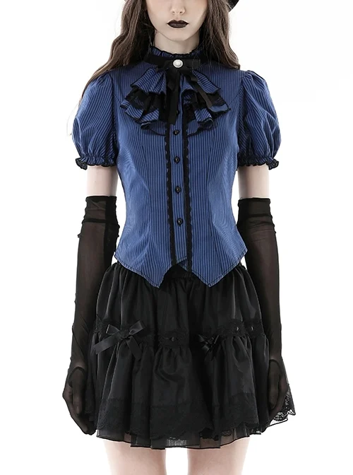 Black And Blue Striped Ruffle Collar Slim Fit Gothic Short Sleeved Shirt
