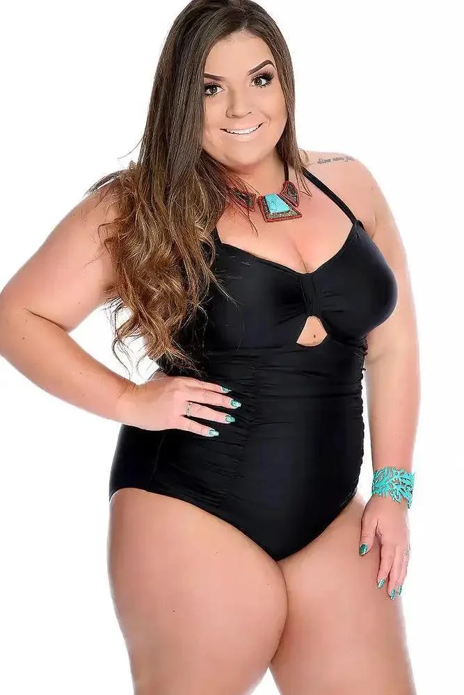 Black Bold Halter Strap Ruched Sweetheart Cutout Center One Piece Swimsuit Plus