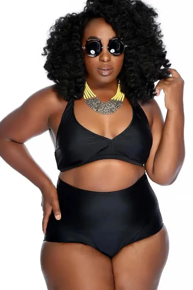 Black Bold Halter Tie High Waist Two Piece Swimsuit