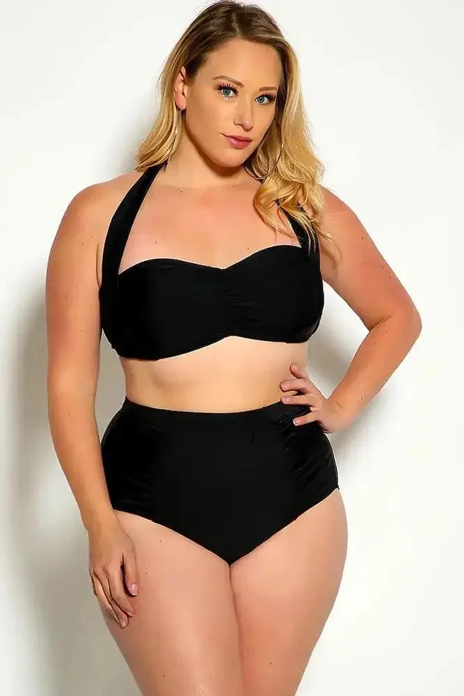 Black Bold Halter Top Ruched High Waist Two Piece Swimsuit Plus