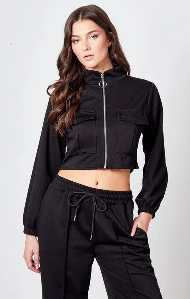Black Bomber Jacket Straight Leg Jogger Loungewear Set - Tina