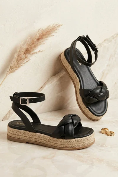 Black Braided Strap Espadrille Flatform Sandals - Clona