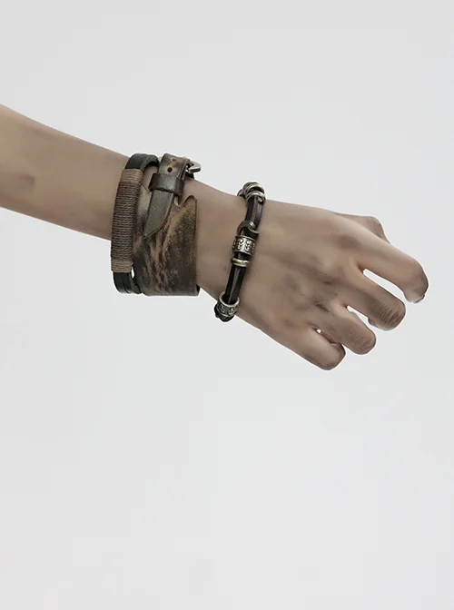 Black And Brown Vintage Cowhide Metal With Skull Beads Embellished Punk Style Decadent Three Piece Bracelet