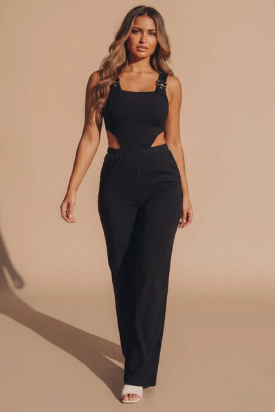 Black Buckle Strap Cut Out Jumpsuit - Geena