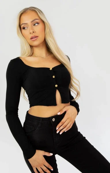 Black Button Front Long Sleeve Crop Top - Novina