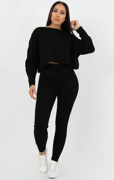 Black Cable Knit Loungewear Set - Robina