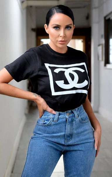 Black ‘CG’ Slogan Box Print Oversized Crew Neck Short Sleeve T-Shirt - Aubrey