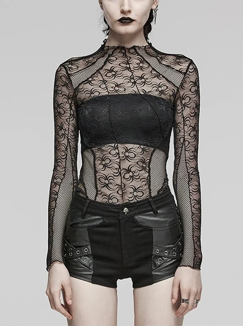 Black Cobweb Spliced Rhombus Mesh Front With Irregular Segmentation Punk Style See Through Long Sleeved T-Shirt