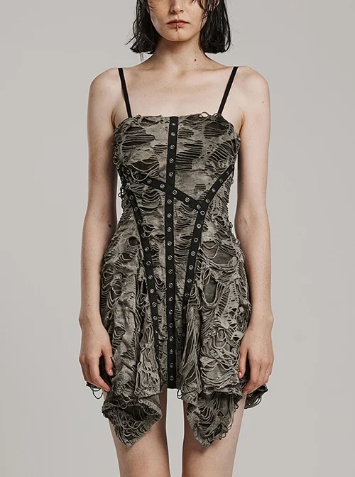 Black Coffee Stretch Knit Tattered Front Criss Cross Eyelet Webbing Embellished Punk Style Suspender Dress