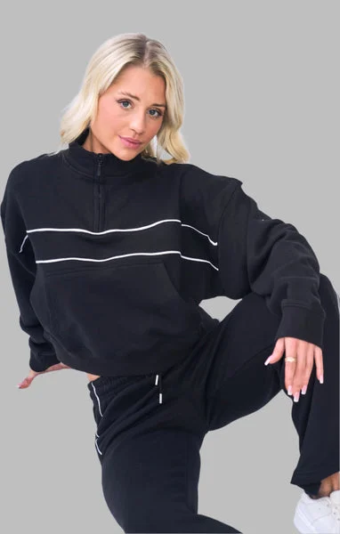 Black Contrast Striped Stand Collar Sweatshirt With Wide Leg Trouser - Elara